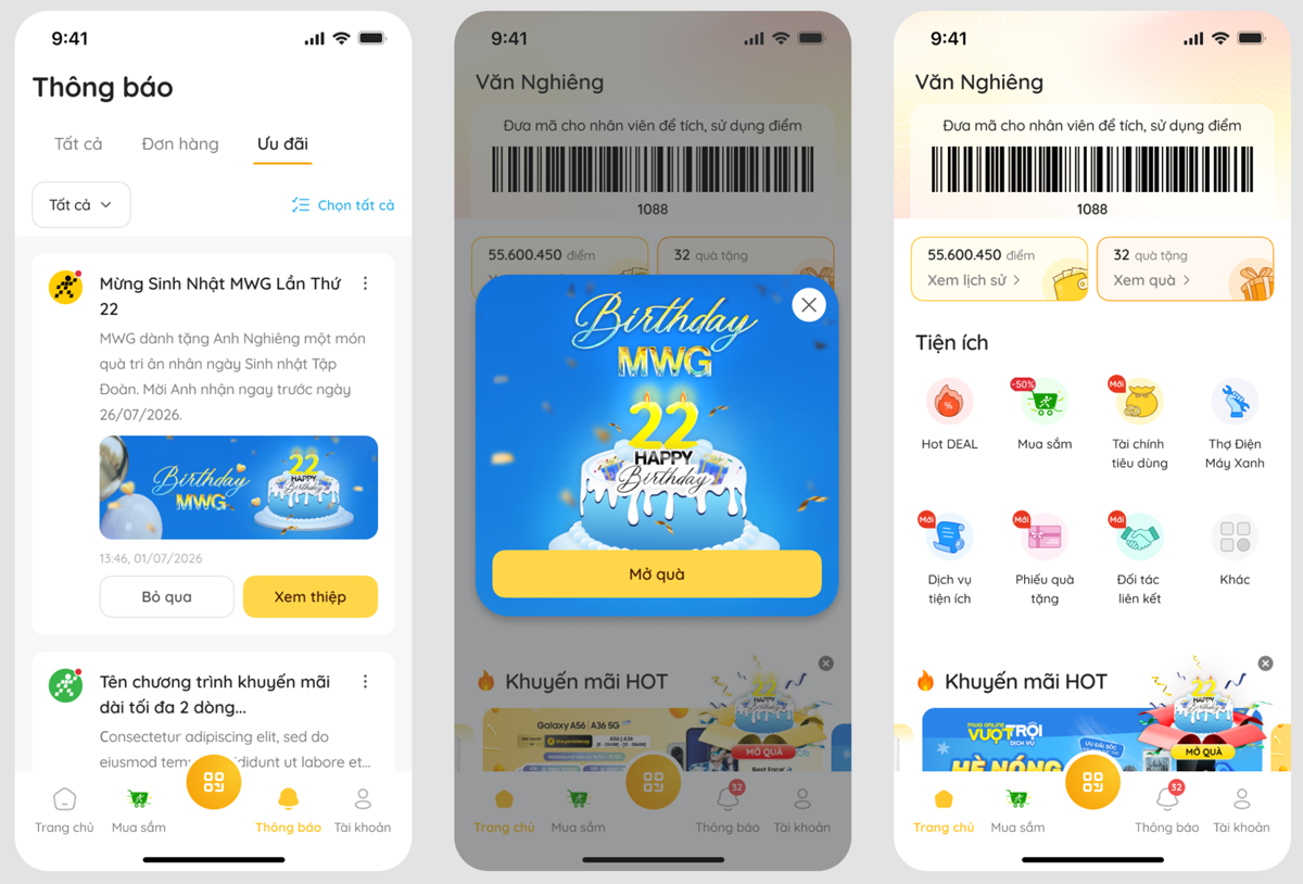 Mừng sinh nhật MWG lần thứ 22, nhận qu&agrave; tri &acirc;n tr&ecirc;n app Qu&agrave; Tặng VIP