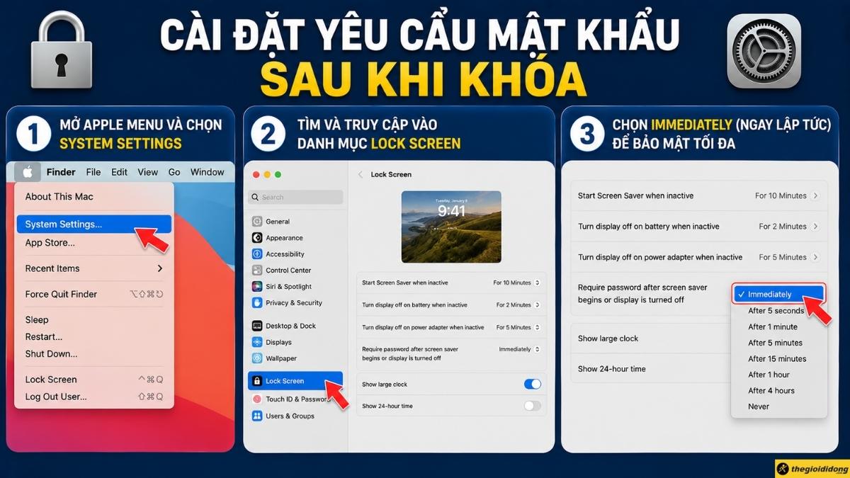 C&agrave;i đặt y&ecirc;u cầu mật khẩu sau khi kh&oacute;a