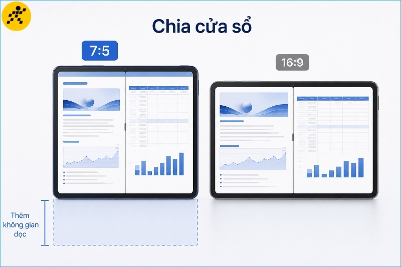 Tỷ lệ 7:5 cung cấp thêm không gian theo chiều dọc khi đọc tài liệu và chia cửa sổ Tỷ lệ 7:5 cung cấp thêm không gian theo chiều dọc khi đọc tài liệu và chia cửa sổ