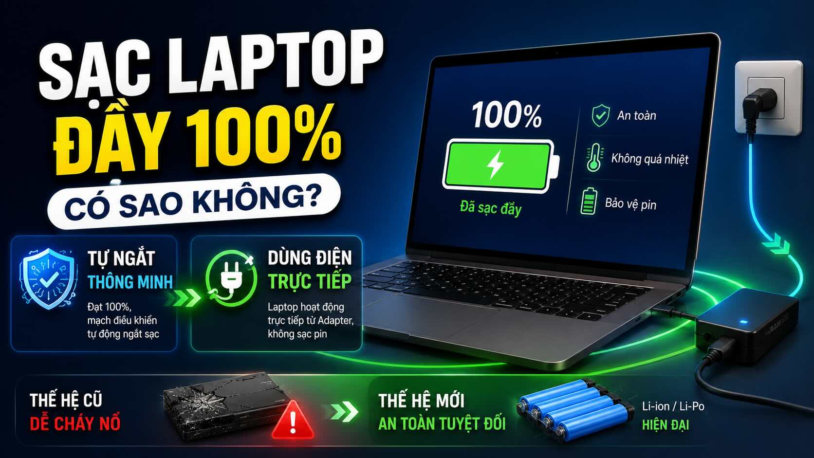 Sạc laptop đầy 100% c&oacute; sao kh&ocirc;ng