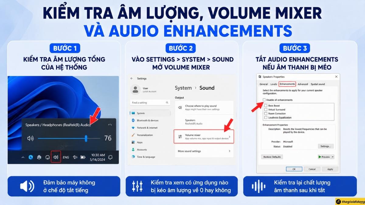 Kiểm tra âm lượng, Volume mixer và Audio enhancements Kiểm tra âm lượng, Volume mixer và Audio enhancements