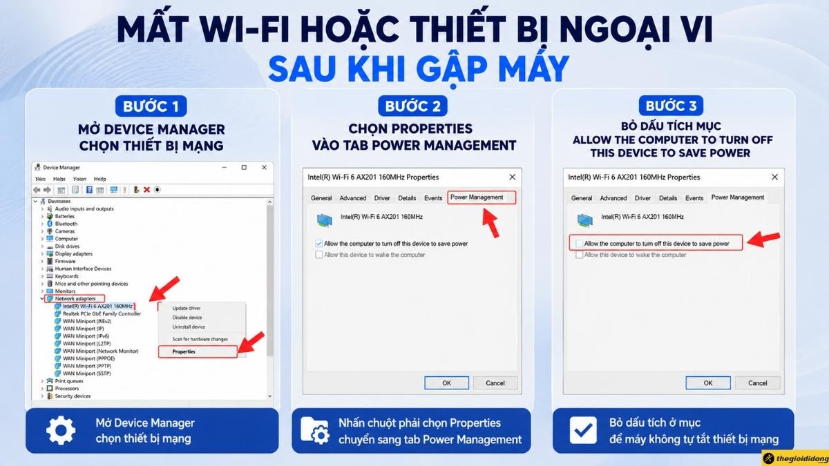 Mất Wi-Fi hoặc thiết bị ngoại vi sau khi gập máy Mất Wi-Fi hoặc thiết bị ngoại vi sau khi gập máy