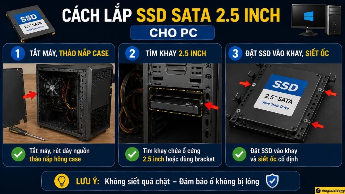 Đặt ổ cứng vào khay và siết ốc cố định Đặt ổ cứng vào khay và siết ốc cố định
