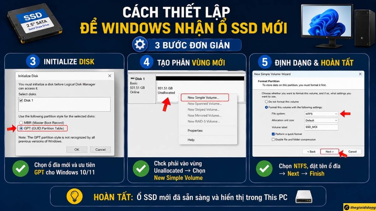 Chọn File System là NTFS, đặt tên tùy ý và kết thúc Chọn File System là NTFS, đặt tên tùy ý và kết thúc