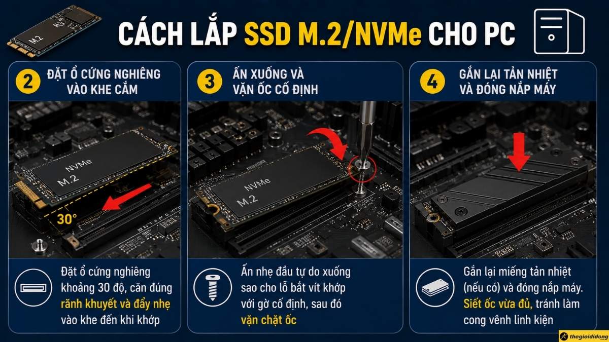 Gắn lại miếng tản nhiệt (nếu có) và đóng nắp máy tính Gắn lại miếng tản nhiệt (nếu có) và đóng nắp máy tính