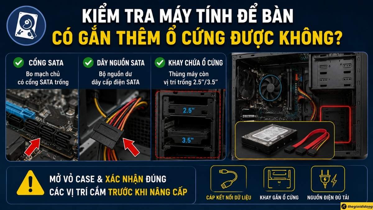 Kiểm tra m&aacute;y t&iacute;nh để b&agrave;n c&oacute; gắn th&ecirc;m ổ cứng được kh&ocirc;ng