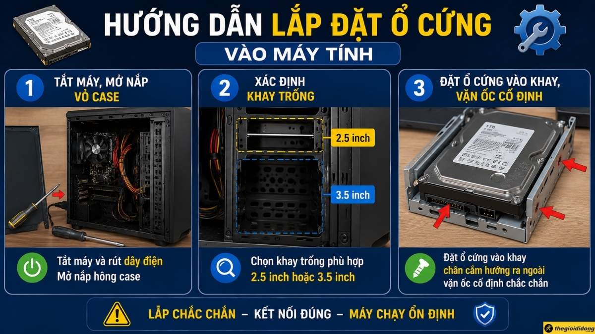 Hướng dẫn lắp đặt ổ cứng v&agrave;o m&aacute;y t&iacute;nh
