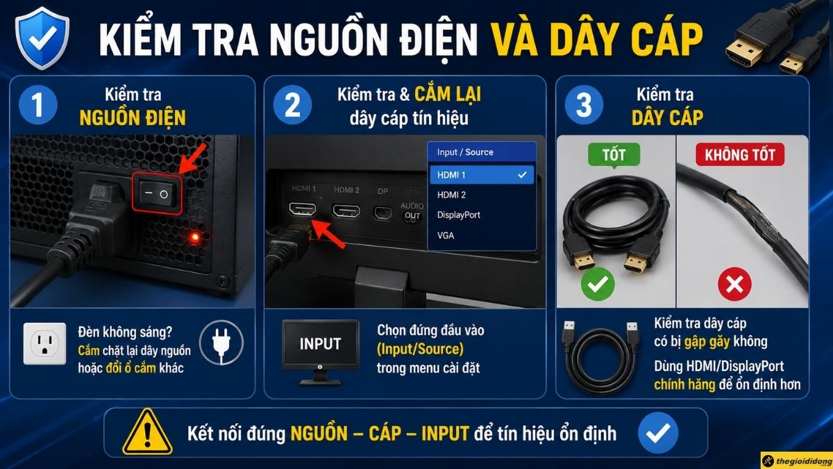 Kiểm tra nguồn điện v&agrave; d&acirc;y c&aacute;p