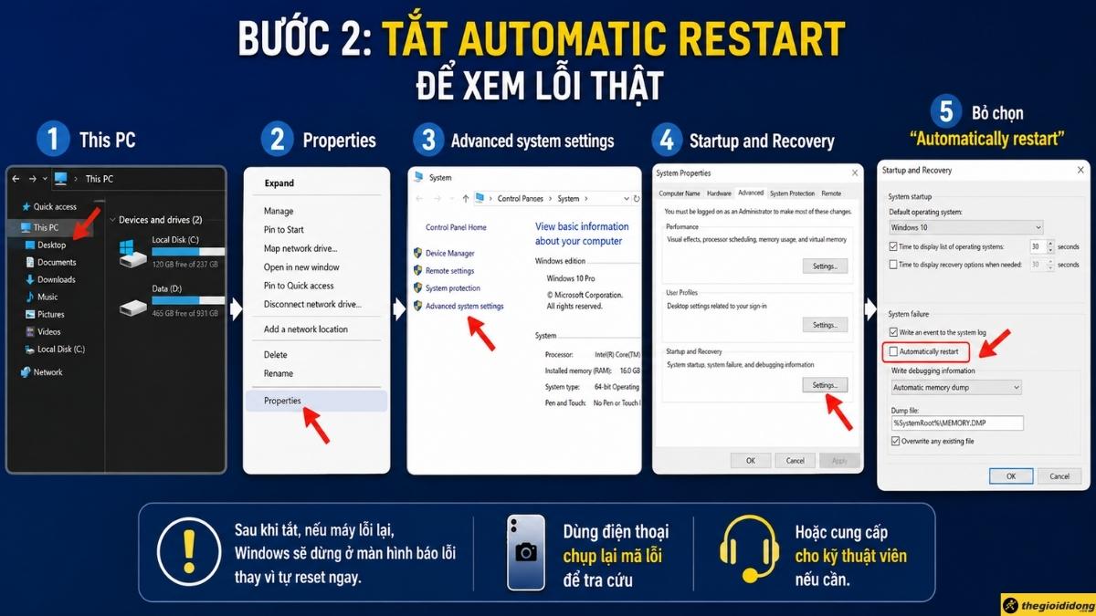 Bước 2 - Tắt Automatic Restart để xem lỗi thật Bước 2 - Tắt Automatic Restart để xem lỗi thật