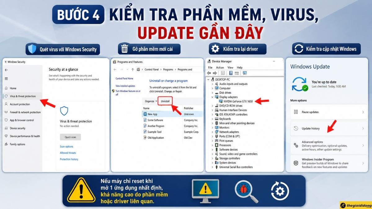 Bước 4 - Kiểm tra phần mềm, virus, update gần đây Bước 4 - Kiểm tra phần mềm, virus, update gần đây