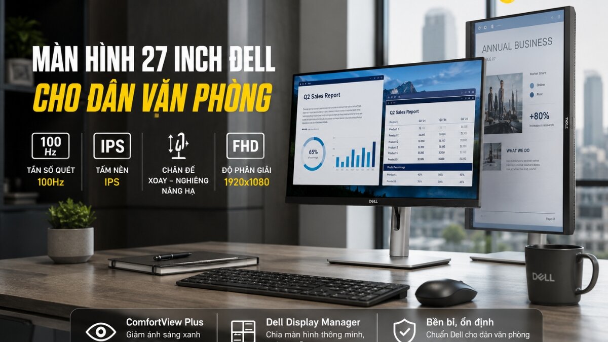 Màn hình Dell 27 inch cho dân văn phòng Hình ảnh hai màn hình Dell 27 inch đặt trên bàn làm việc hiện đại, một ngang hiển thị báo cáo kinh doanh và một dọc hiển thị báo cáo thường niên, cùng bàn phím, chuột, sổ tay và cốc Dell, trong bối cảnh văn phòng với tòa nhà chọc trời.