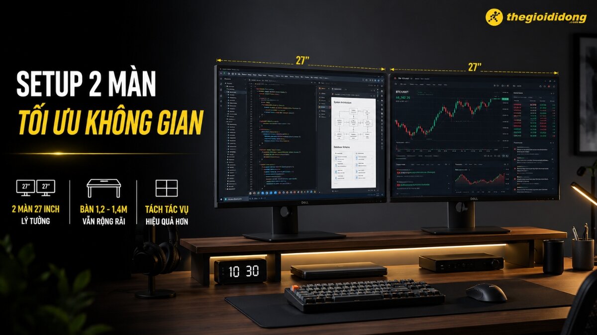 Gợi ý setup góc làm việc với 2 màn hình Setup hai màn hình Dell 27 inch tối ưu không gian làm việc chuyên nghiệp