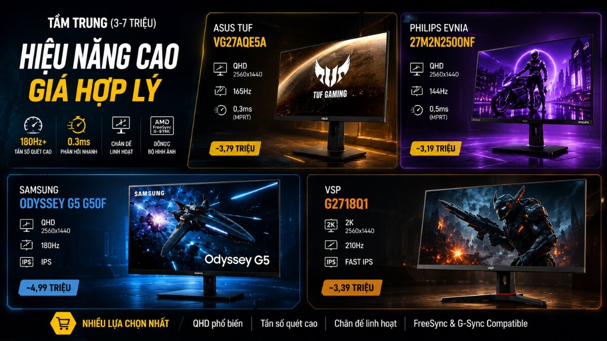 So sánh màn hình gaming 27 inch tầm trung Hình ảnh quảng cáo so sánh các mẫu màn hình gaming 27 inch tầm trung từ các thương hiệu ASUS, Philips, Samsung và VSP, nổi bật hiệu năng cao và giá hợp lý với các thông số kỹ thuật chính.