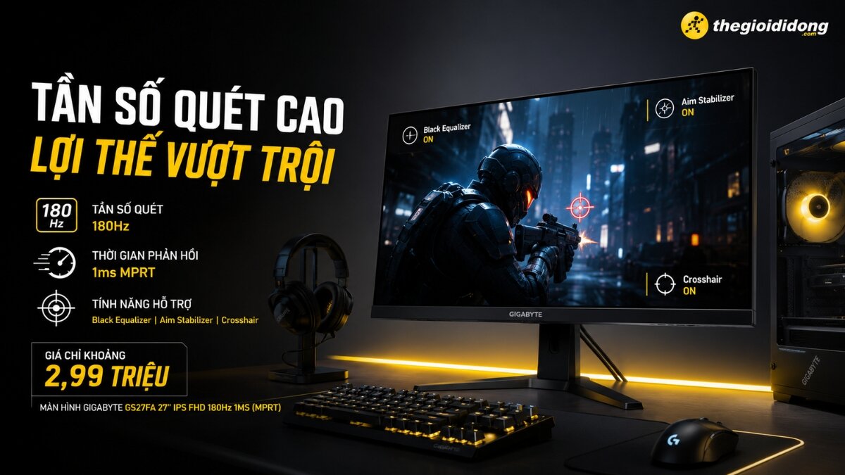 Màn hình gaming Gigabyte GS27FA 27 inch Hình ảnh màn hình máy tính Gigabyte GS27FA 27 inch hiển thị game bắn súng, kèm theo bàn phím cơ, chuột gaming, tai nghe và thùng máy tính, thể hiện một bộ setup gaming hoàn chỉnh.