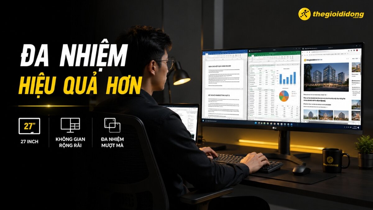 Đa nhiệm hiệu quả với màn hình LG 27 inch Hình ảnh một người đàn ông đeo kính đang làm việc hiệu quả với màn hình máy tính LG 27 inch. Màn hình hiển thị nhiều ứng dụng cùng lúc như tài liệu, bảng tính có biểu đồ và trình duyệt web, thể hiện khả năng đa nhiệm mượt mà. Bên cạnh là bàn phím, chuột, cốc thegioididong và cây cảnh.
