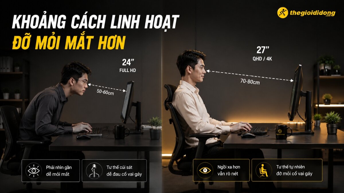 Khoảng cách linh hoạt đỡ mỏi mắt hơn Hình ảnh so sánh tư thế làm việc hiệu quả với màn hình 27 inch (QHD/4K) ở khoảng cách 70-80cm so với màn hình 24 inch (Full HD) ở khoảng cách 50-60cm, giúp giảm mỏi mắt và đau vai gáy. Có logo Thegioididong.