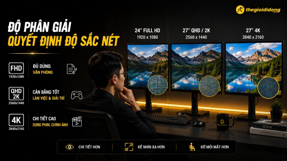 So sánh độ phân giải màn hình Infographic so sánh độ phân giải màn hình Full HD, QHD 2K và 4K