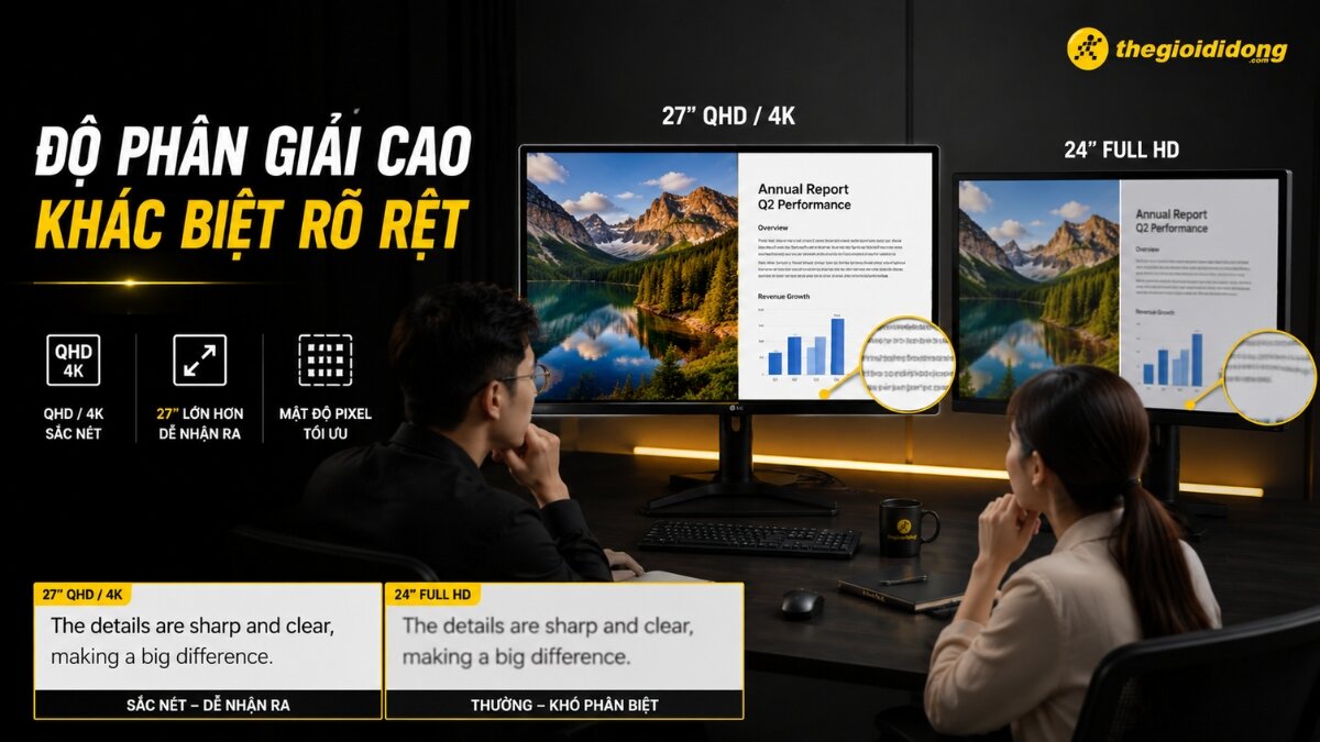 So sánh độ phân giải màn hình 27 inch và 24 inch Hinh anh so sanh do phan giai man hinh QHD 4K 27 inch va Full HD 24 inch
