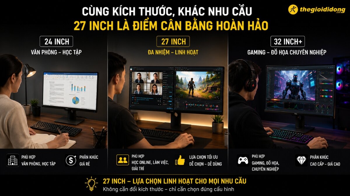 So sánh kích thước màn hình máy tính phù hợp nhu cầu Infographic so sánh kích thước các loại màn hình máy tính phổ biến 24 inch, 27 inch và 32 inch cho nhu cầu sử dụng khác nhau.