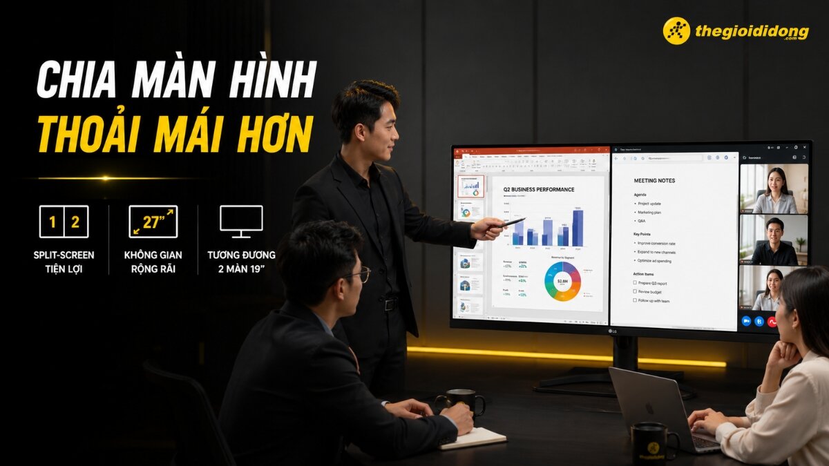 Tinh nang chia man hinh 27 inch tien loi Nhan vien van phong su dung tinh nang chia man hinh tren thiet bi 27 inch de lam viec hieu qua hon