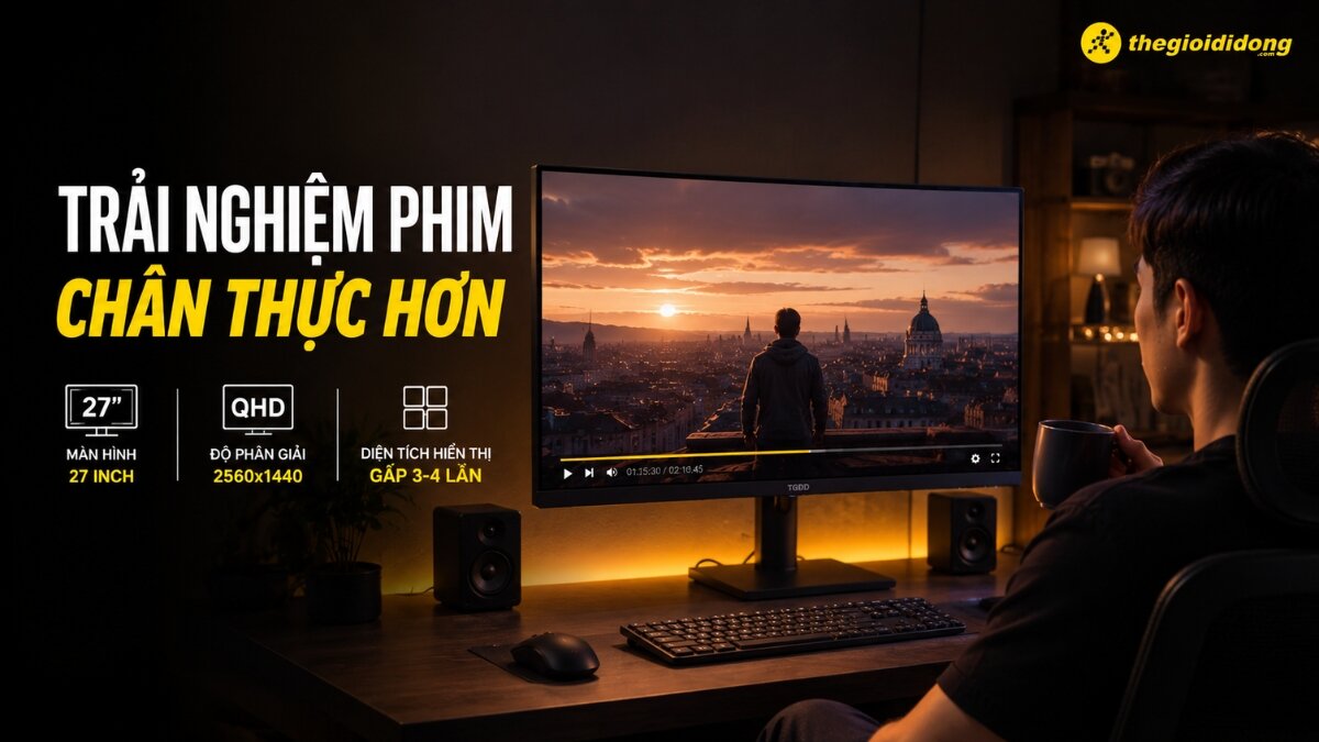 Trải nghiệm điện ảnh chân thực trên màn hình 27 inch QHD Hình ảnh một người đàn ông đang xem phim trên màn hình máy tính 27 inch độ phân giải QHD (2560x1440) trong không gian tối, với văn bản quảng cáo về trải nghiệm điện ảnh sống động.