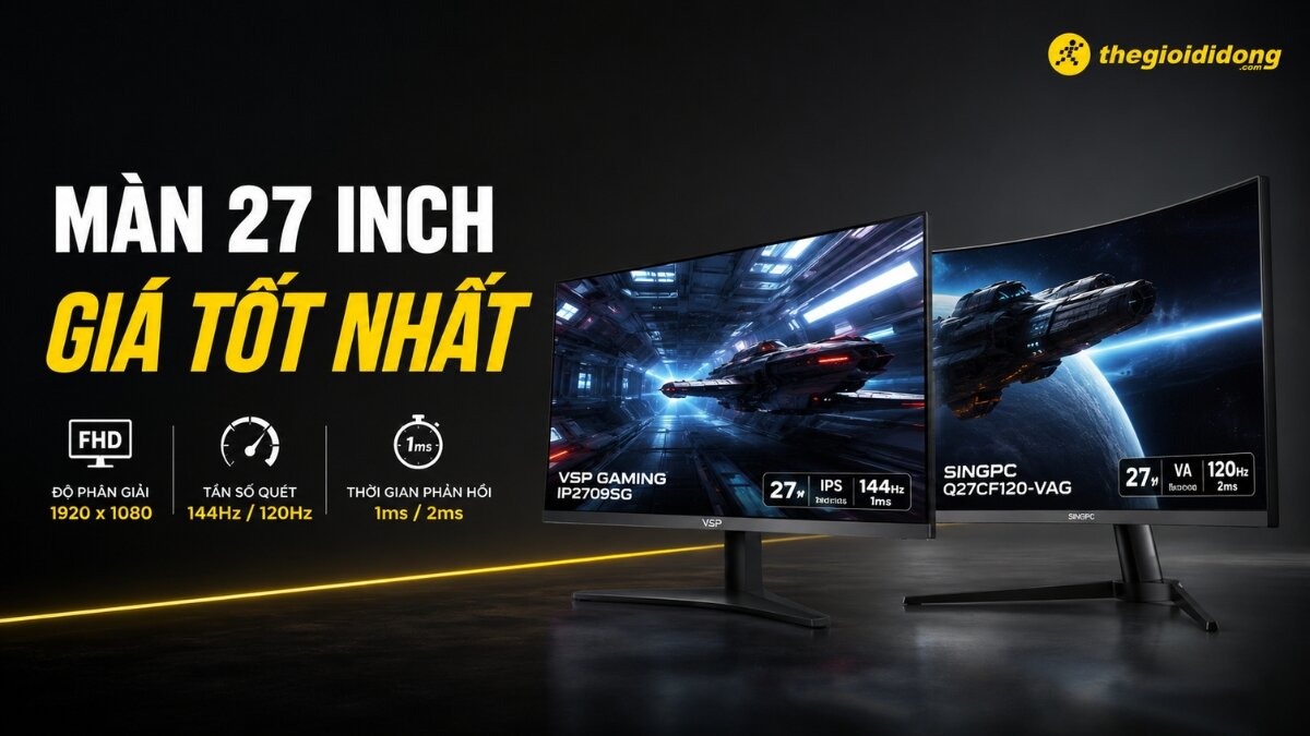 So sánh màn hình VSP Gaming và SINGPC 27 inch Hai mẫu màn hình VSP Gaming IP2709SG và SINGPC Q27CF120-VAG 27 inch hiển thị thông số kỹ thuật và hình ảnh game trên nền đen.