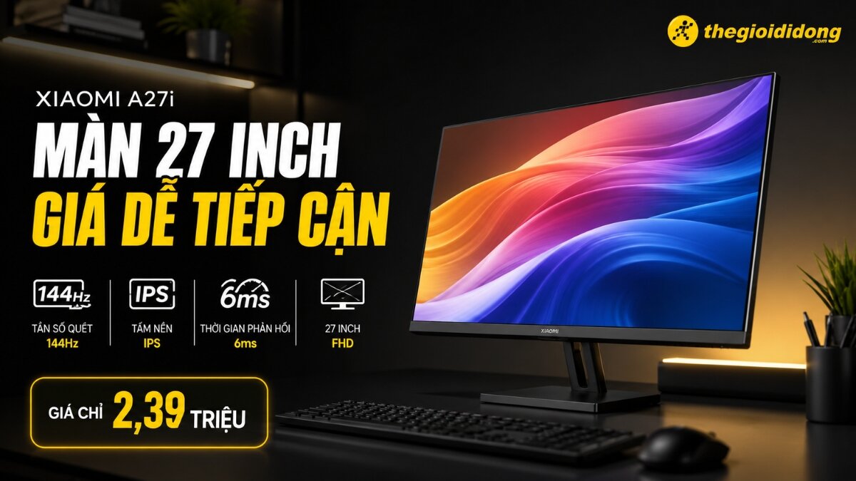 Màn hình Xiaomi A27i 27 inch Màn hình máy tính Xiaomi A27i 27 inch hiển thị hình ảnh màu sắc rực rỡ, với các thông số kỹ thuật nổi bật như tần số quét 144Hz, tấm nền IPS, thời gian phản hồi 6ms và độ phân giải FHD, được bán với giá 2.39 triệu đồng tại Thegioididong.