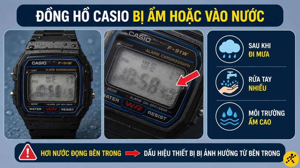 Ðồng hồ bị ẩm hoặc vào nước