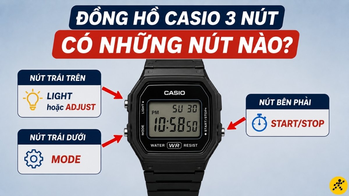 3 n&uacute;t điều khiển ch&iacute;nh tr&ecirc;n đồng hồ Casio 3 n&uacute;t