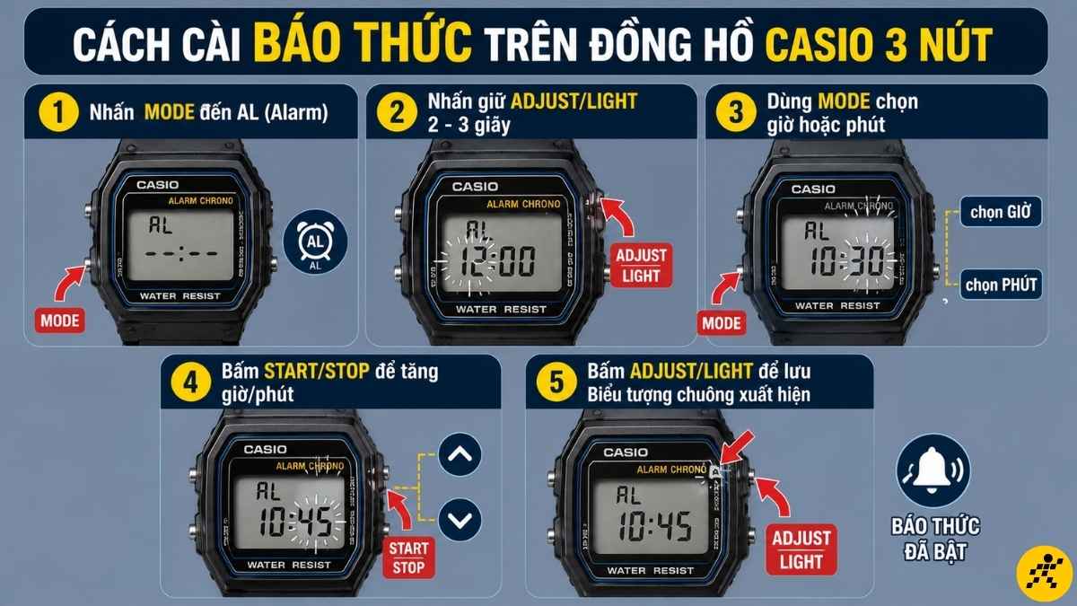 C&aacute;ch c&agrave;i b&aacute;o thức tr&ecirc;n đồng hồ Casio 3 n&uacute;t