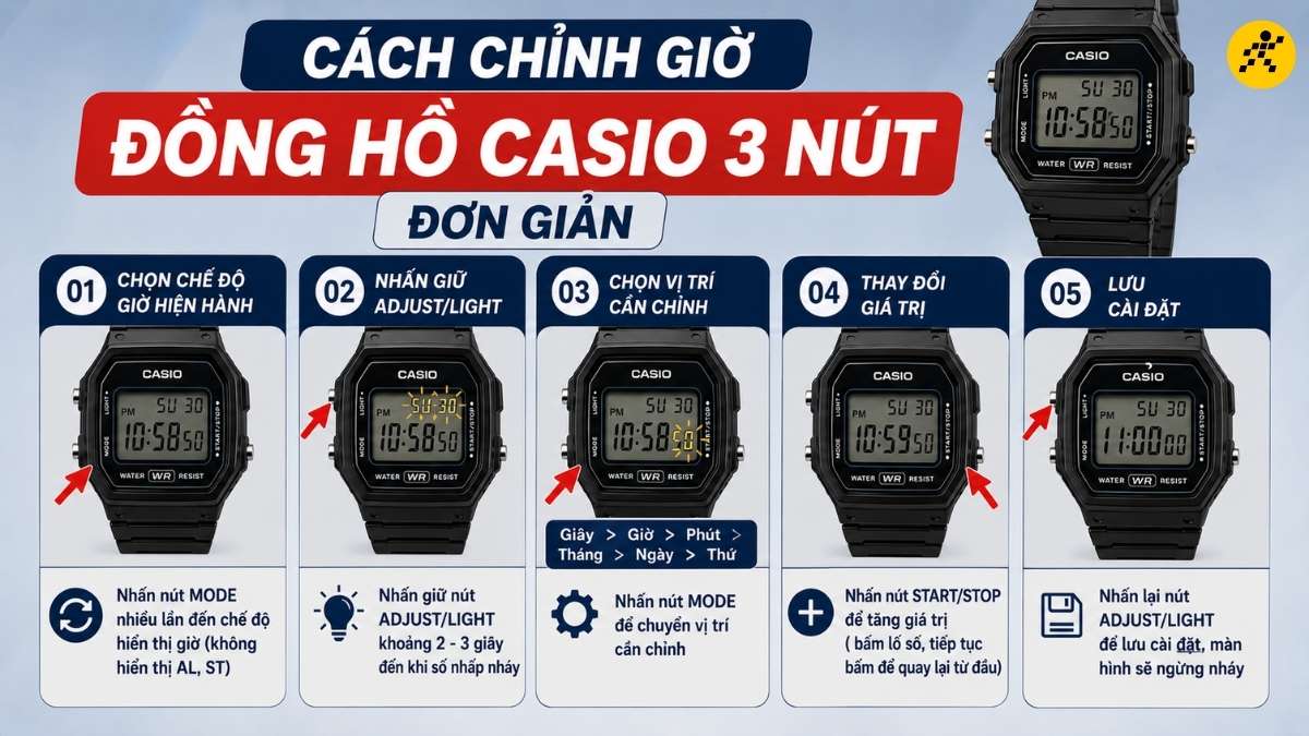 C&aacute;ch chỉnh giờ tr&ecirc;n đồng hồ Casio 3 n&uacute;t