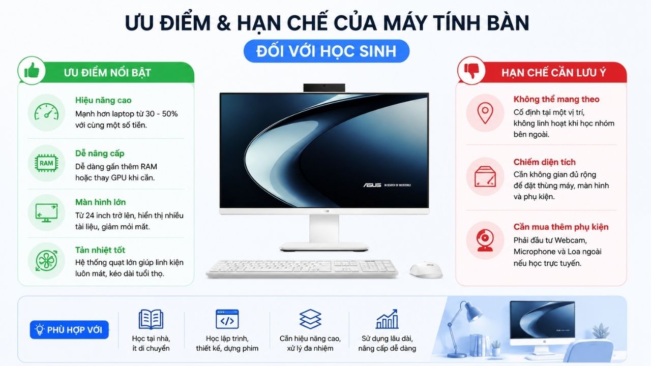 Ưu điểm v&agrave; hạn chế của m&aacute;y t&iacute;nh để b&agrave;n đối với học sinh