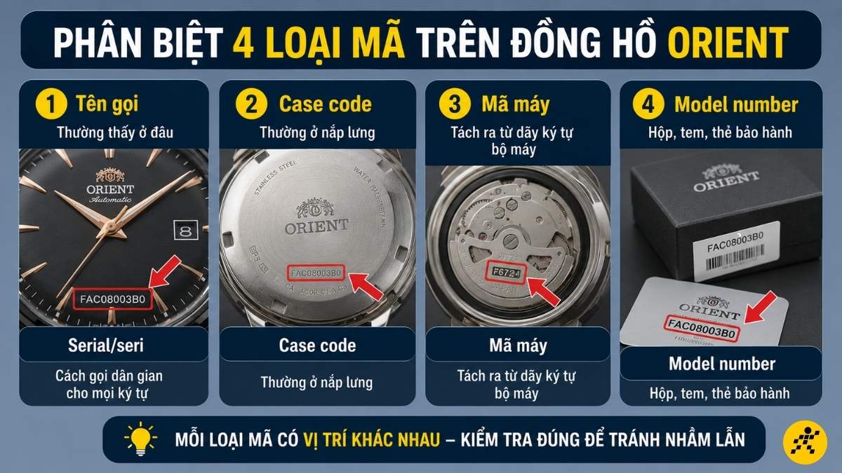 Ph&acirc;n biệt 4 loại m&atilde; tr&ecirc;n đồng hồ Orient