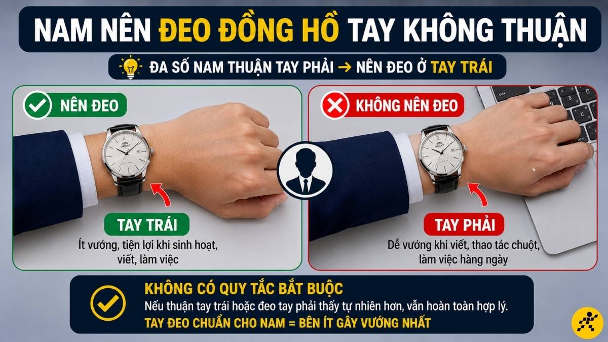 Nam nên ưu tiên đeo đồng hồ ở tay không thuận Nam nên ưu tiên đeo đồng hồ ở tay không thuận