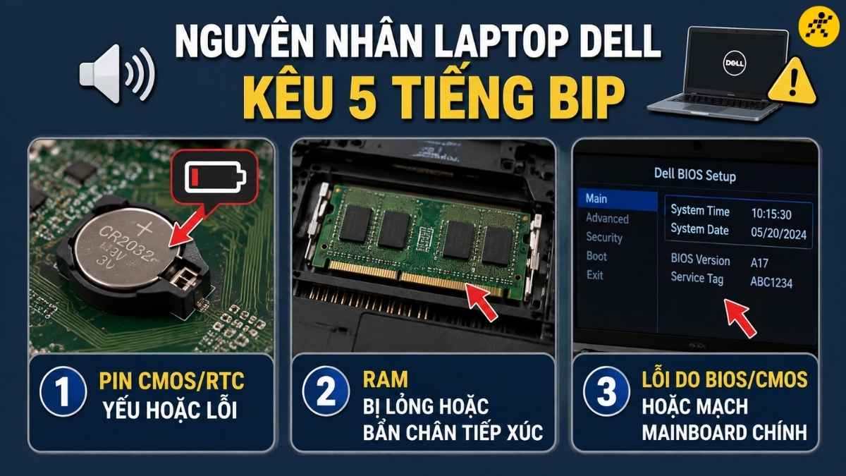 Nguyên nhân laptop Dell kêu 5 tiếng bip