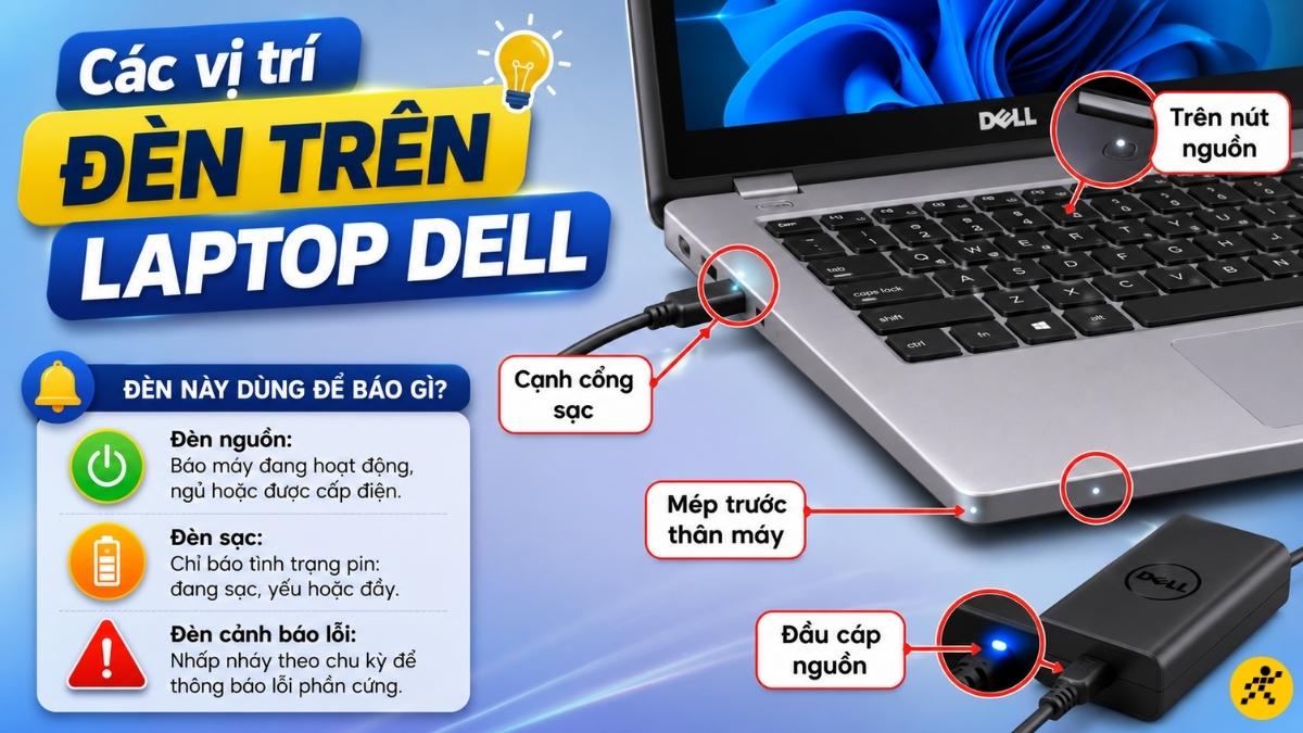 Các vị trí đèn trên laptop Dell Các vị trí đèn trên laptop Dell