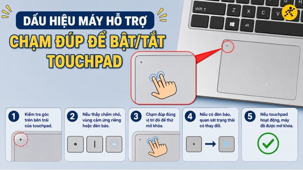 Dấu hiệu máy hỗ trợ chạm đúp để bật/tắt touchpad Dấu hiệu máy hỗ trợ chạm đúp để bật/tắt touchpad