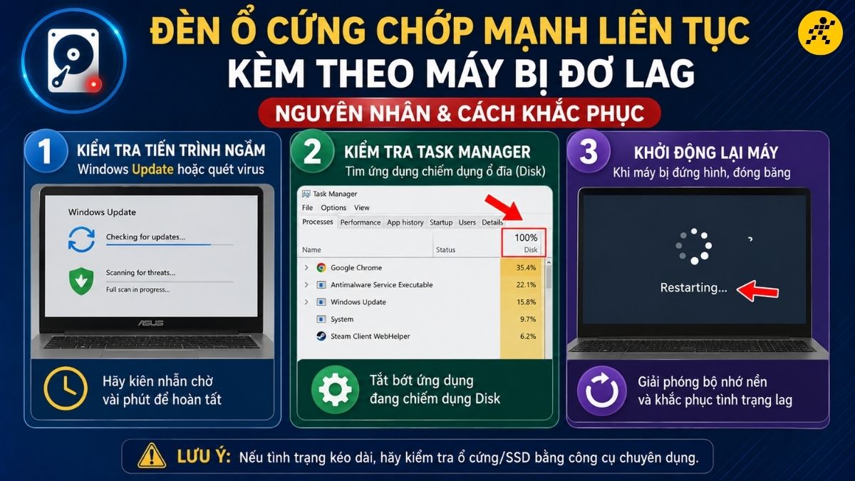 Đèn ổ cứng chớp mạnh liên tục kèm theo máy bị đơ lag Đèn ổ cứng chớp mạnh liên tục kèm theo máy bị đơ lag
