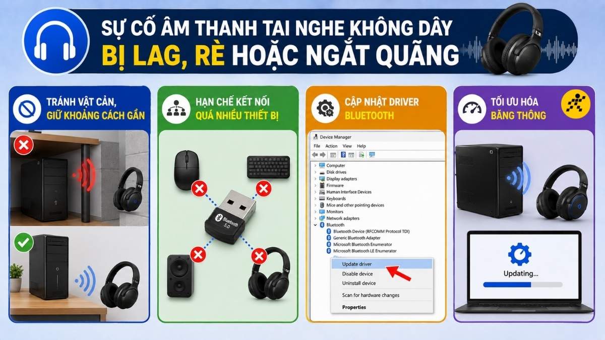 Sự cố âm thanh tai nghe không dây bị lag, rè hoặc ngắt quãng Sự cố âm thanh tai nghe không dây bị lag, rè hoặc ngắt quãng