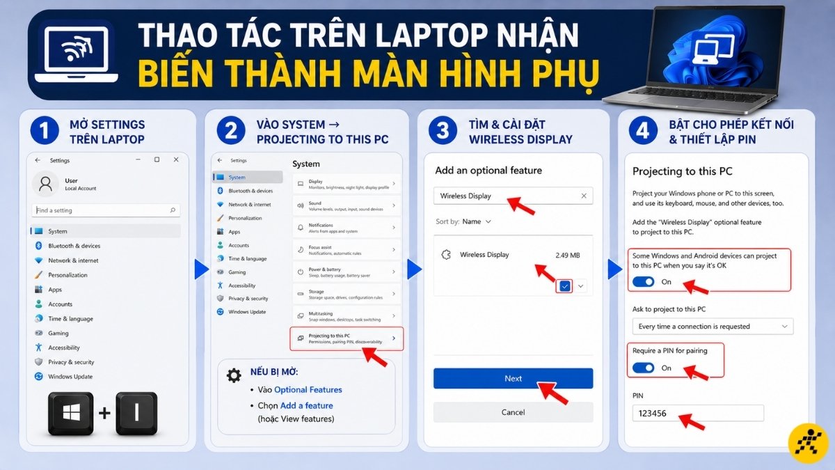 Thao tác trên laptop nhận (Biến thành màn hình phụ) Thao tác trên laptop nhận (Biến thành màn hình phụ)
