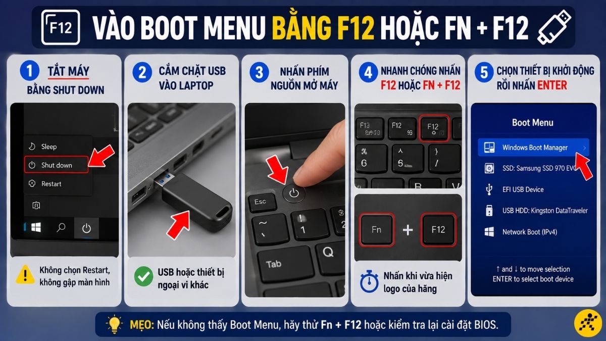 Vào bằng F12 hoặc kết hợp thêm Fn Vào bằng F12 hoặc kết hợp thêm Fn