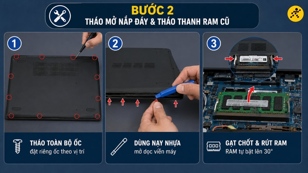 Tháo mở nắp đáy và tháo thanh RAM cũ Tháo mở nắp đáy và tháo thanh RAM cũ