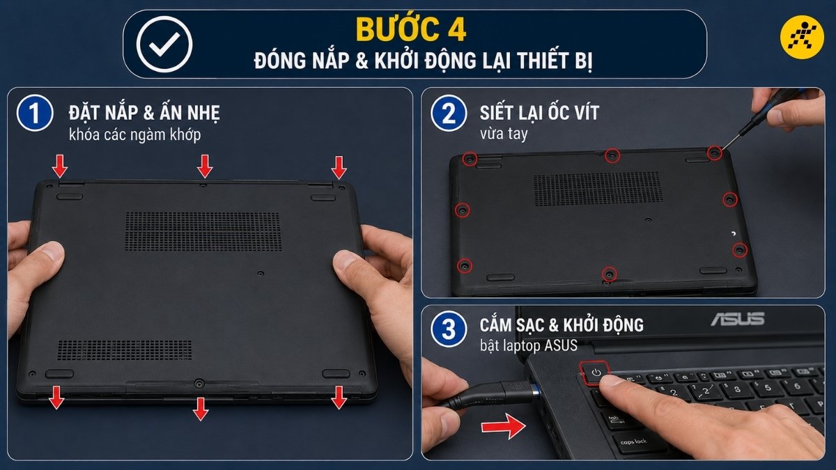 Đóng nắp đáy và khởi động lại thiết bị Đóng nắp đáy và khởi động lại thiết bị