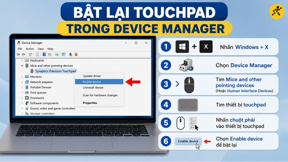 Bật lại thiết bị touchpad trong Device Manager Bật lại thiết bị touchpad trong Device Manager