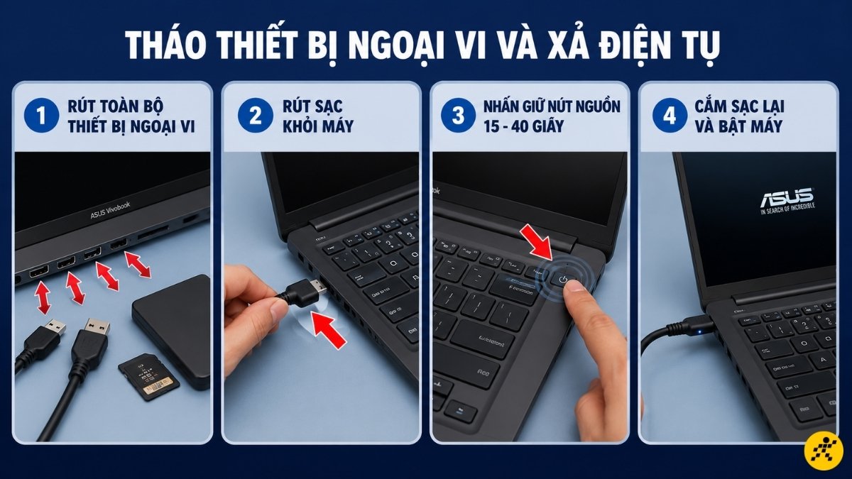 Tháo thiết bị ngoại vi và xả điện tụ Tháo thiết bị ngoại vi và xả điện tụ