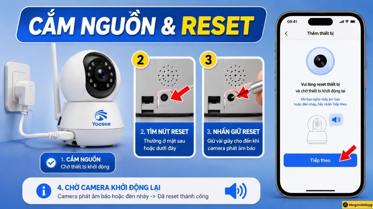 Cắm nguồn và reset