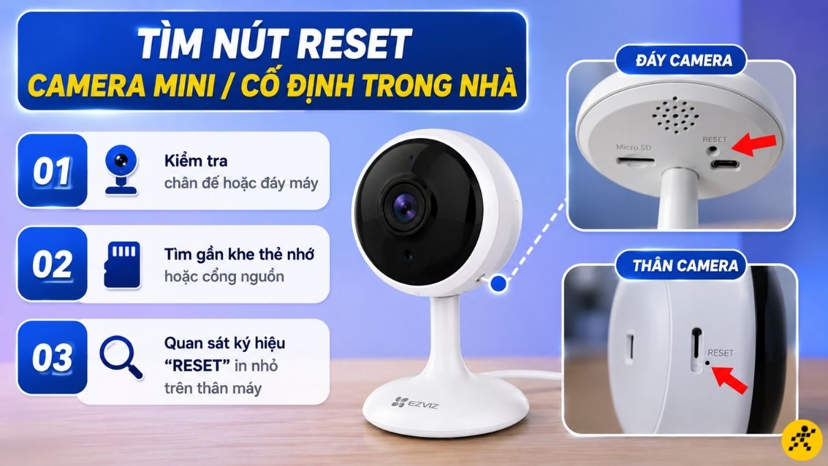 Vị trí nút reset trên camera mini hoặc camera cố định trong nhà Vị trí nút reset trên camera mini hoặc camera cố định trong nhà