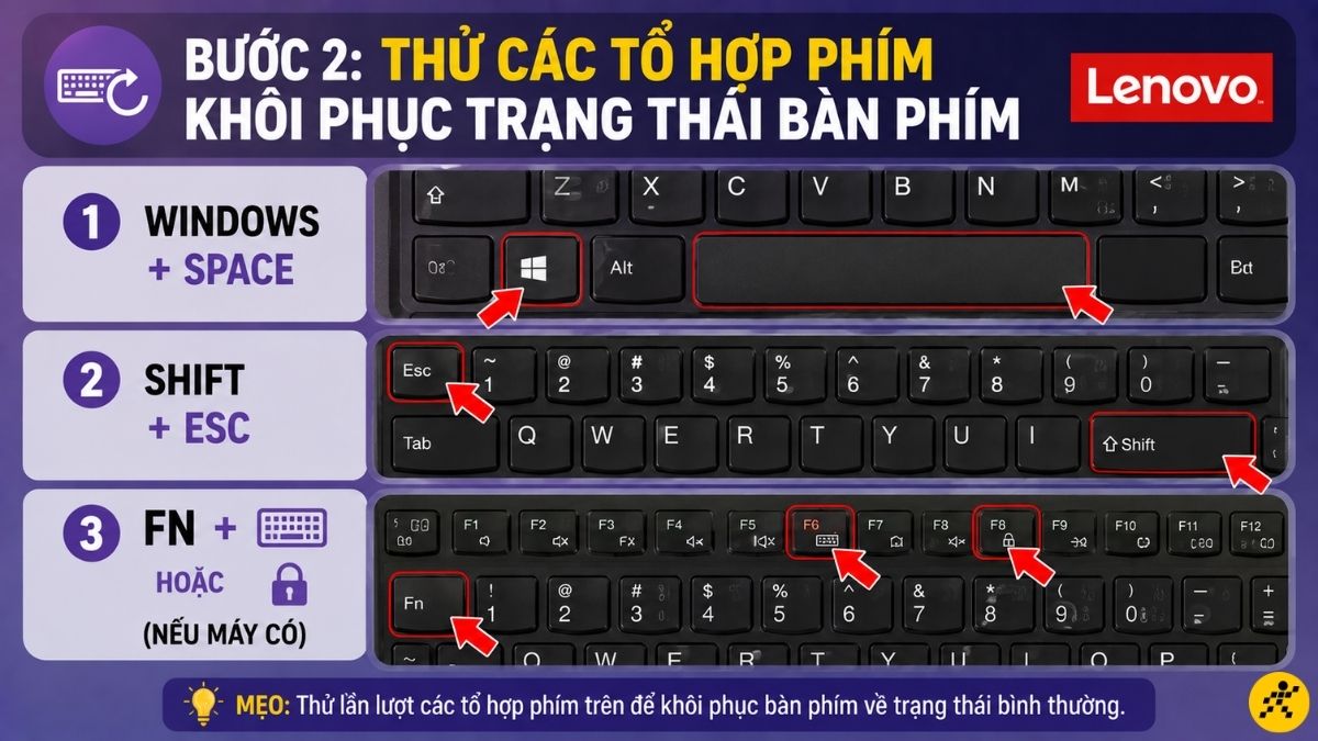 Thử các tổ hợp phím khôi phục trạng thái bàn phím Thử các tổ hợp phím khôi phục trạng thái bàn phím