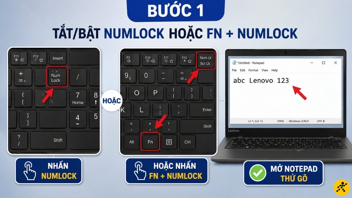 Thử tắt/bật NumLock hoặc Fn + NumLock Thử tắt/bật NumLock hoặc Fn + NumLock