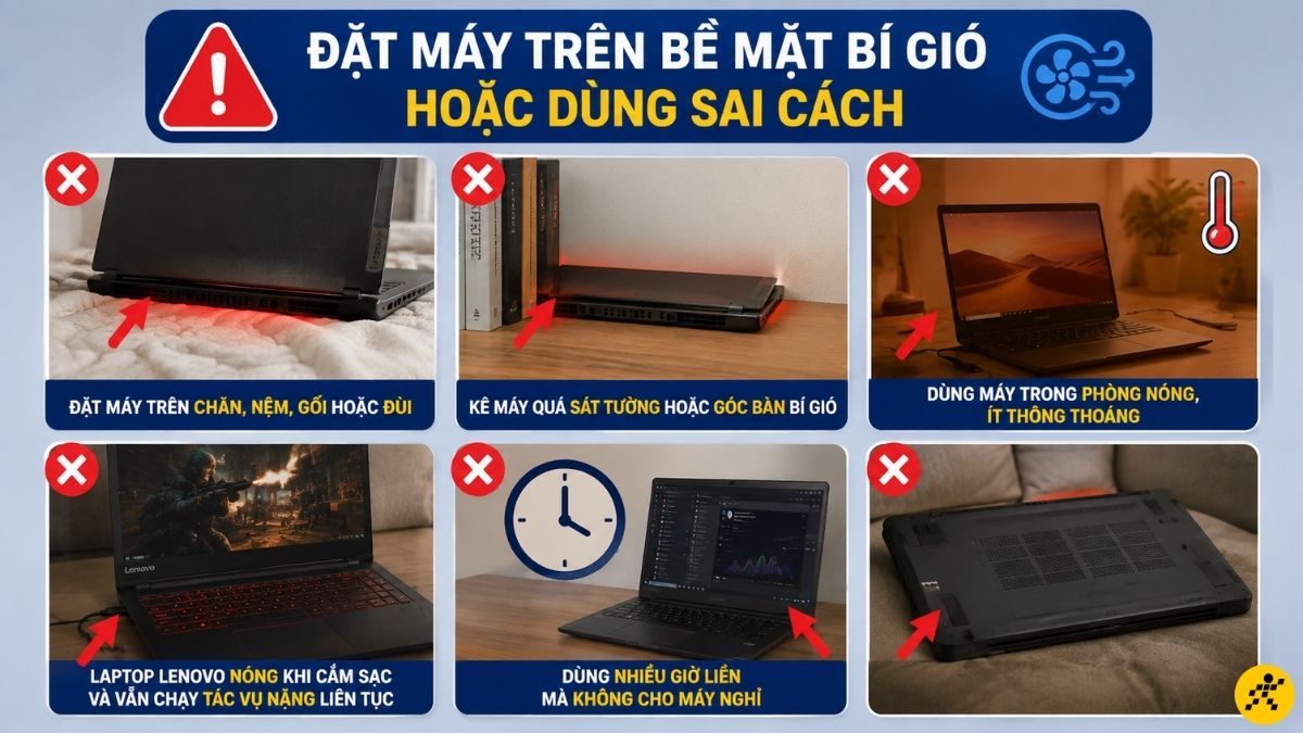 Đặt máy trên bề mặt bí gió hoặc dùng sai cách Đặt máy trên bề mặt bí gió hoặc dùng sai cách